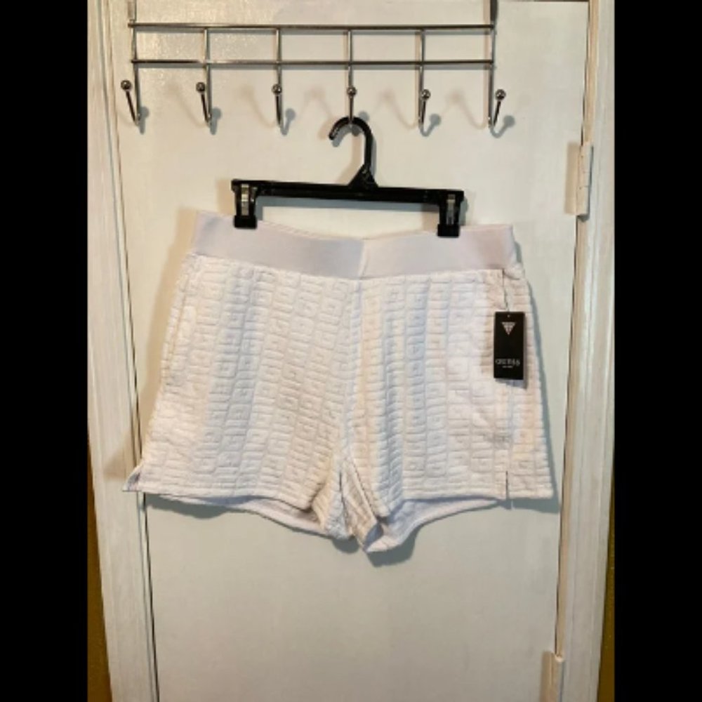 Guess women's XL pure white elastic waist soft & thick XEN logo G print shorts